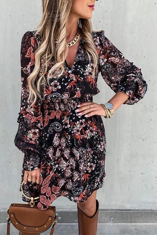 Floral Empire Waist Long Sleeve Mini Dress