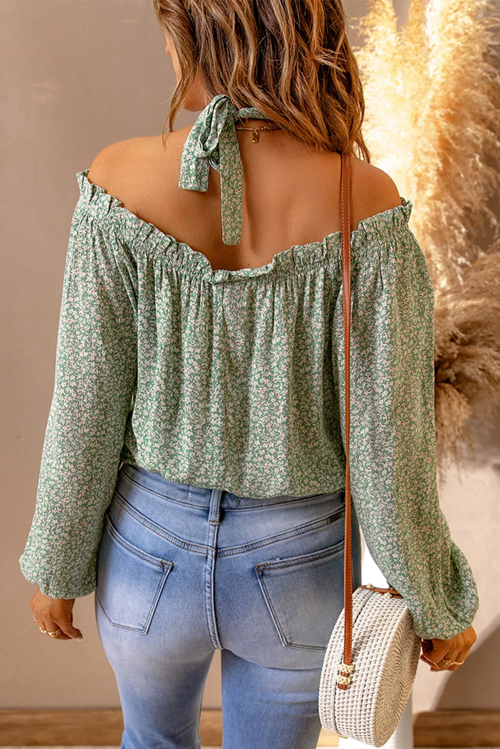 Floral Print Halter Off-shoulder Blouse