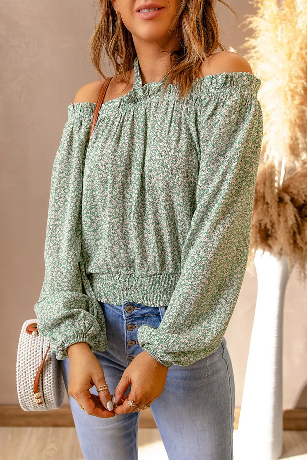 Floral Print Halter Off-shoulder Blouse