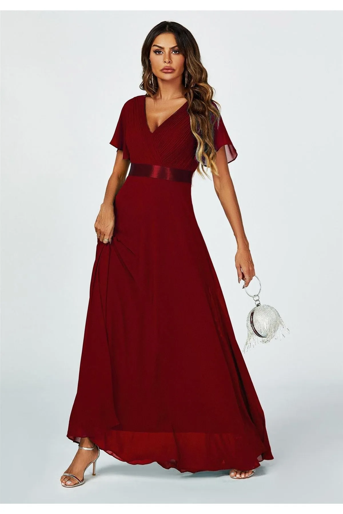 FS Collection Angel Sleeves Empire Waist Bridesmaid Dress In Wine