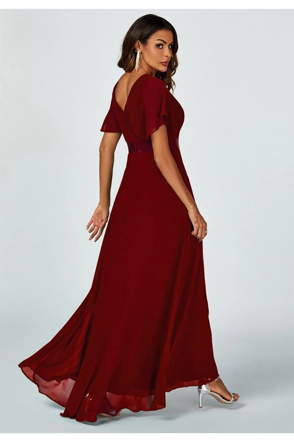 FS Collection Angel Sleeves Empire Waist Bridesmaid Dress In Wine