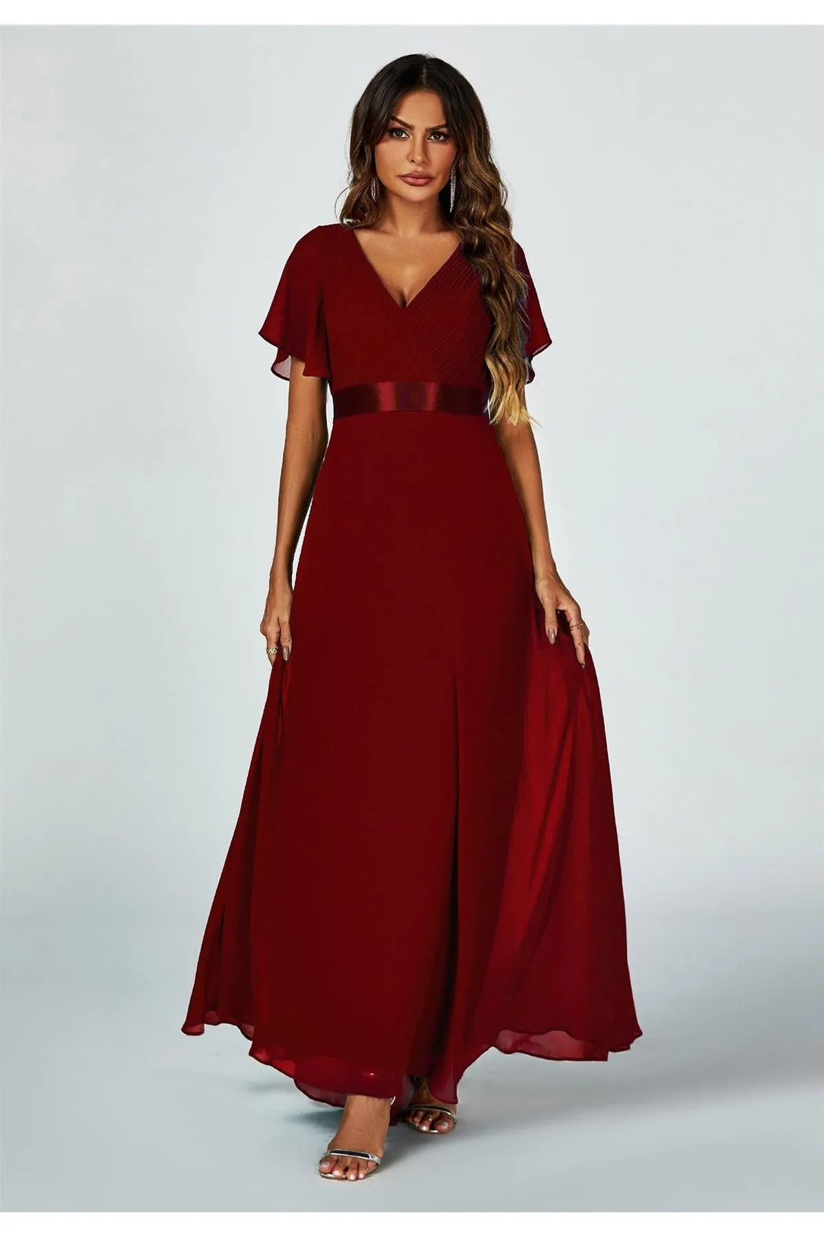 FS Collection Angel Sleeves Empire Waist Bridesmaid Dress In Wine