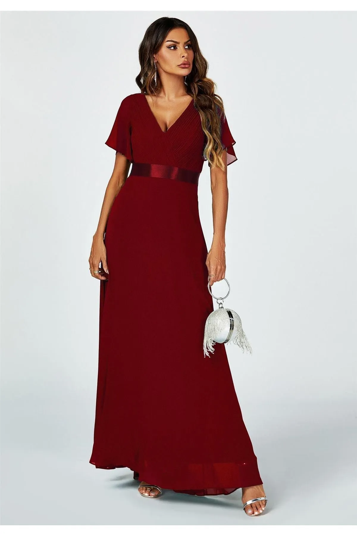 FS Collection Angel Sleeves Empire Waist Bridesmaid Dress In Wine