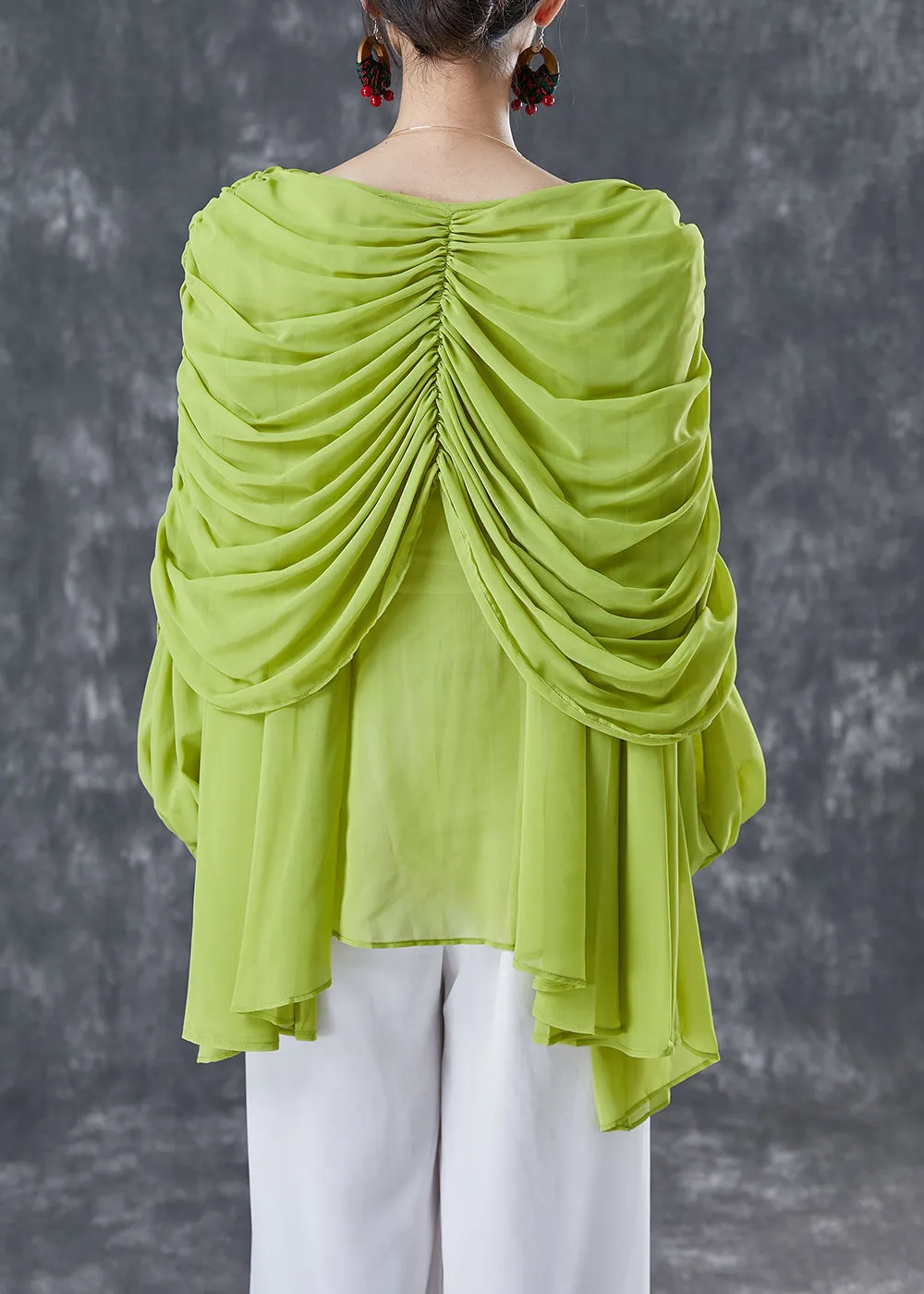 Grass Green Chiffon Blouses V Neck Wrinkled Summer LY5005