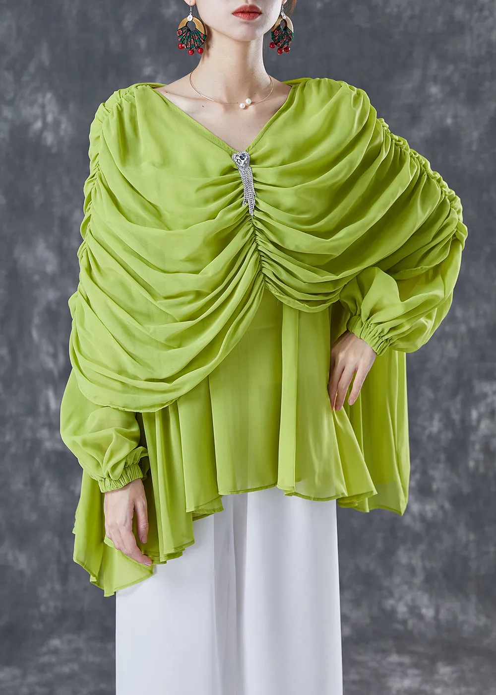 Grass Green Chiffon Blouses V Neck Wrinkled Summer LY5005