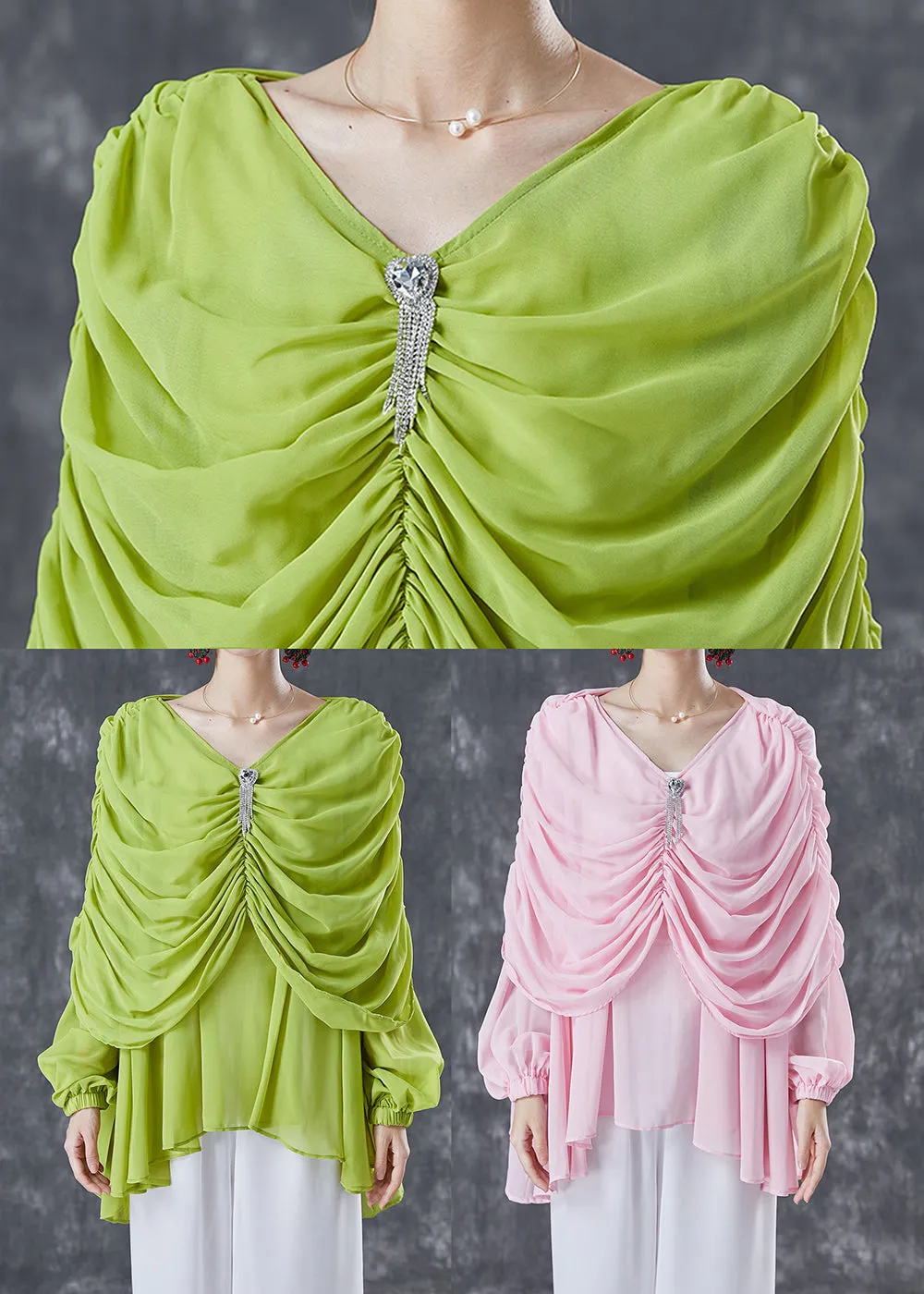 Grass Green Chiffon Blouses V Neck Wrinkled Summer LY5005