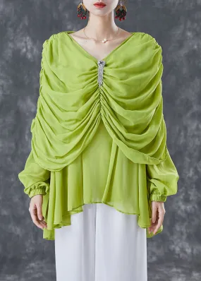 Grass Green Chiffon Blouses V Neck Wrinkled Summer LY5005