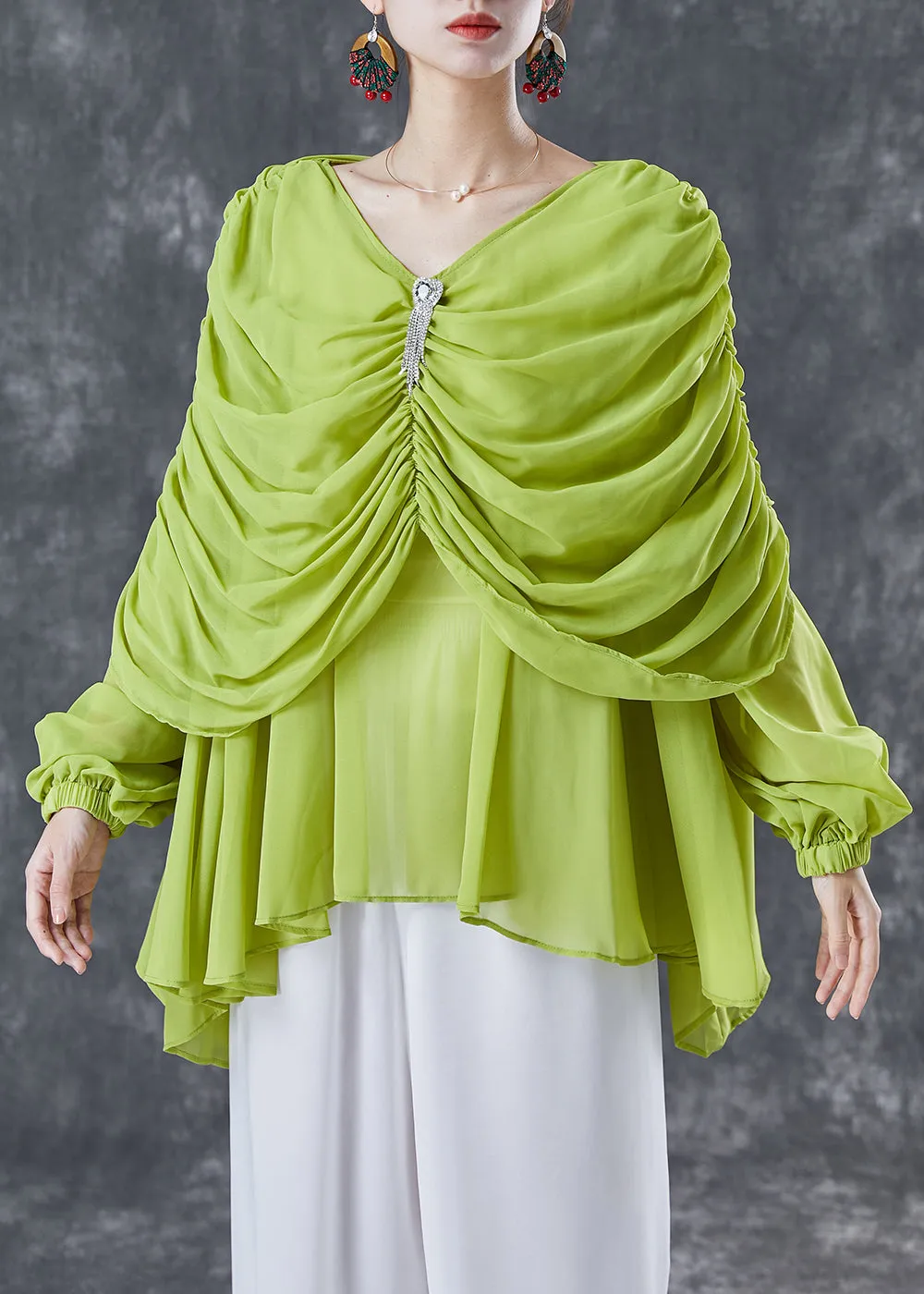 Grass Green Chiffon Blouses V Neck Wrinkled Summer LY5005