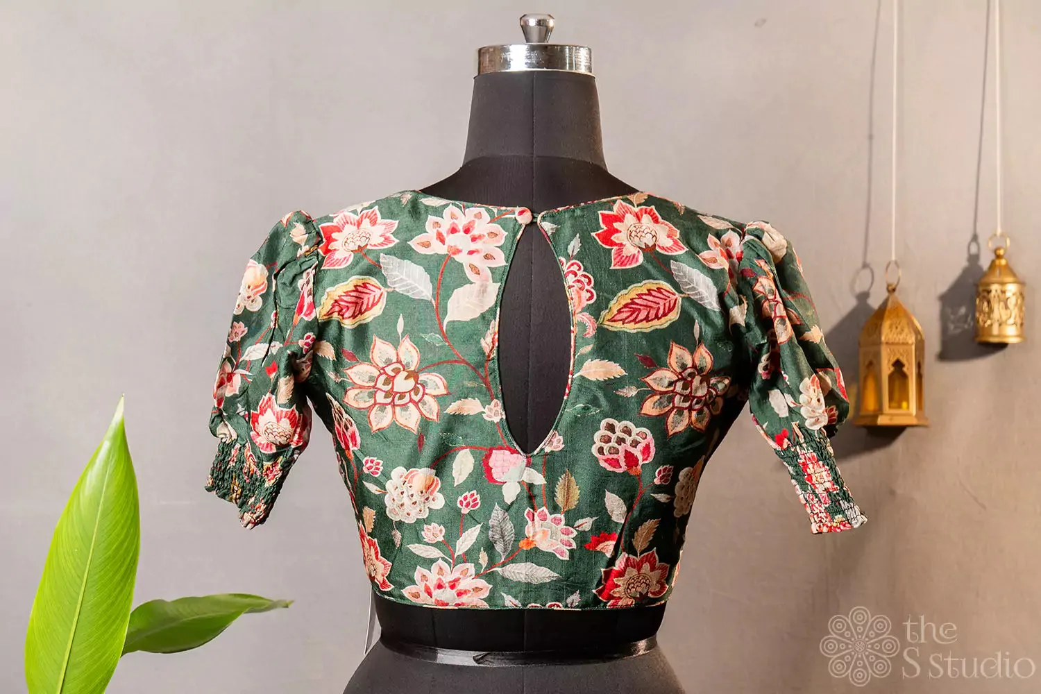 Green floral printed semi silk readymade blouse