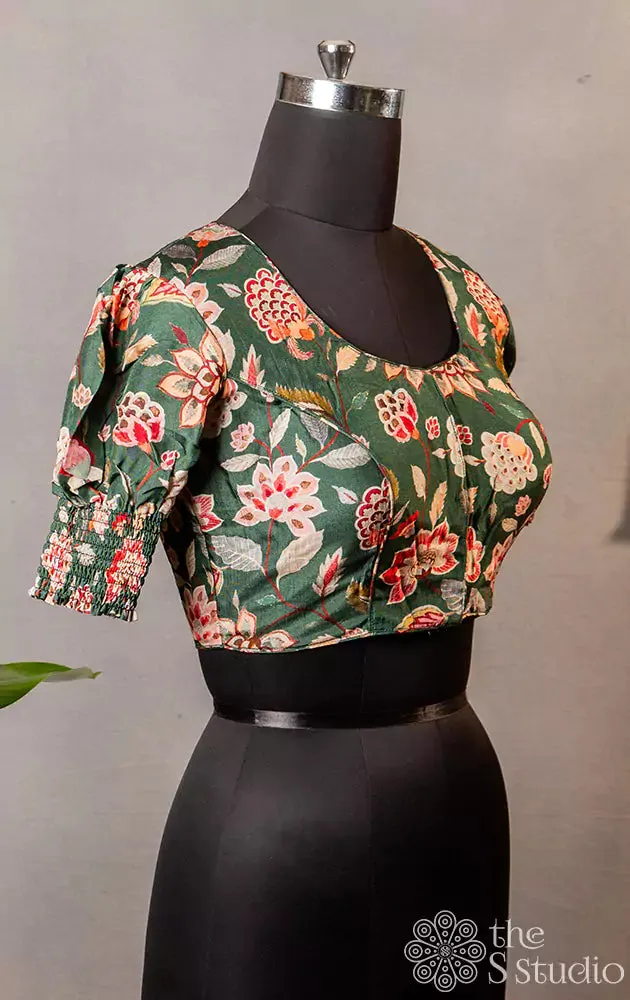 Green floral printed semi silk readymade blouse