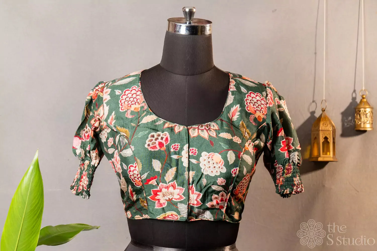 Green floral printed semi silk readymade blouse