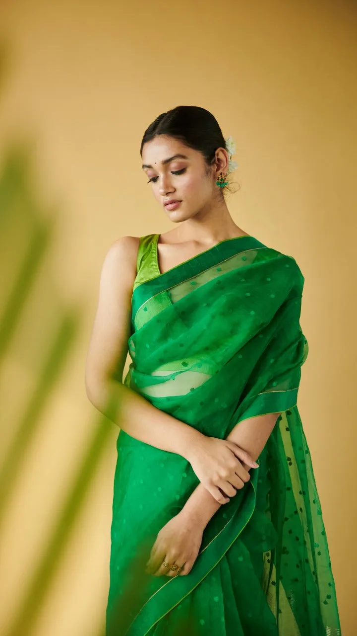 Green Wildflower Meadow jamdani dots silk saree