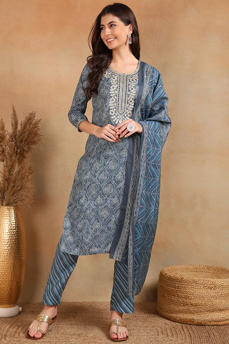 Grey Silk Blend Straight Kurta Pant With Dupatta VKSKD1706