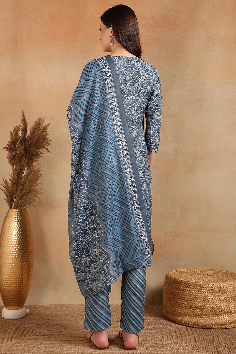 Grey Silk Blend Straight Kurta Pant With Dupatta VKSKD1706