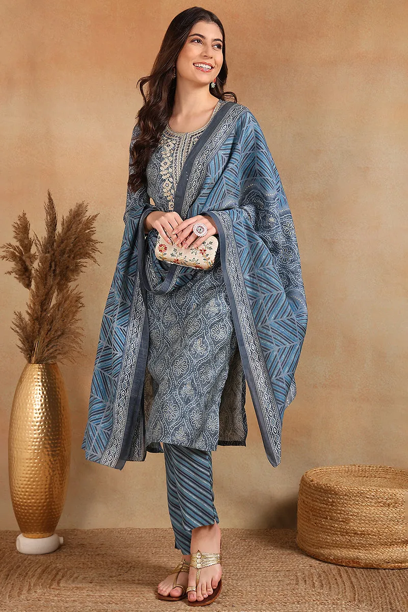 Grey Silk Blend Straight Kurta Pant With Dupatta VKSKD1706