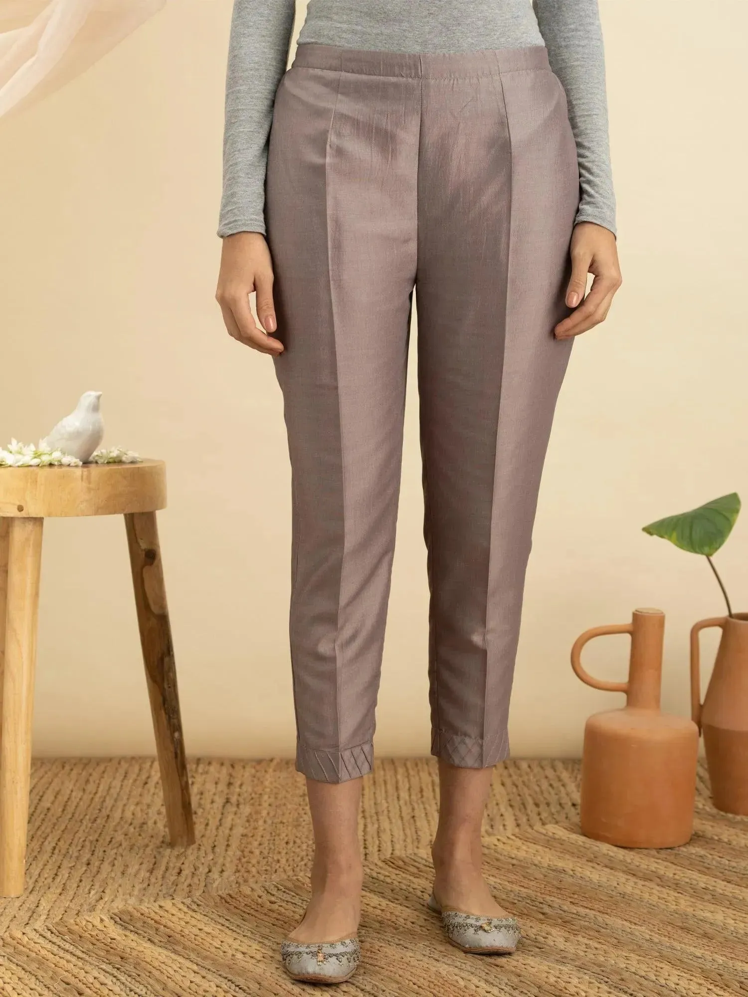 Grey Solid Silk Trousers