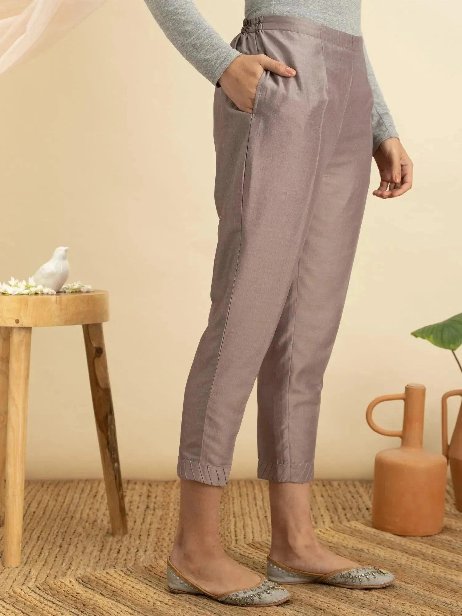 Grey Solid Silk Trousers