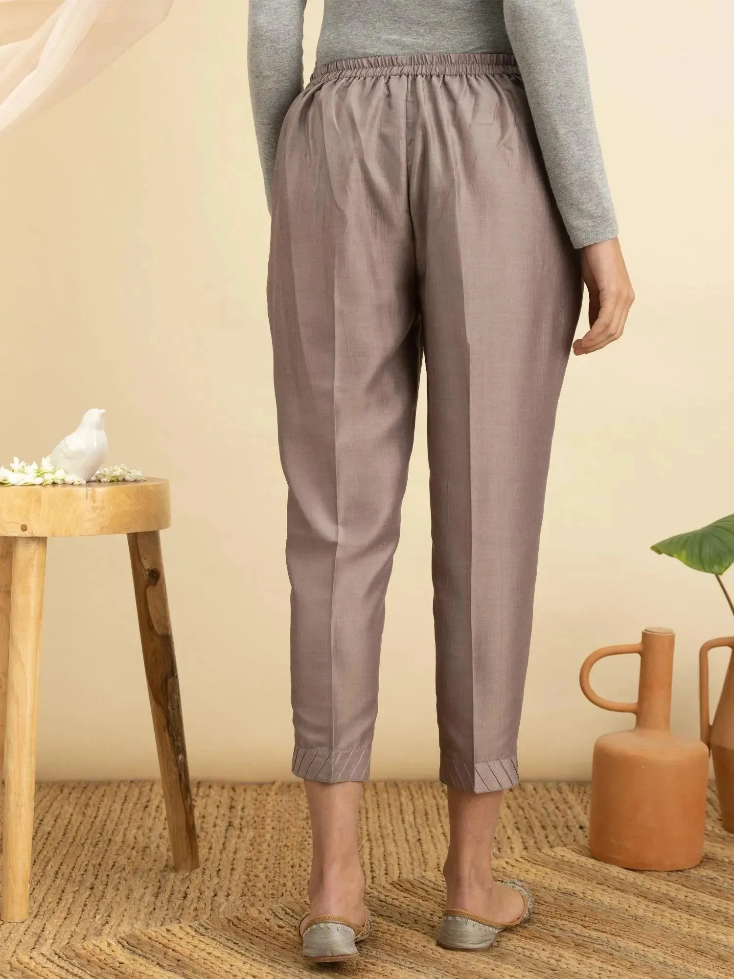 Grey Solid Silk Trousers