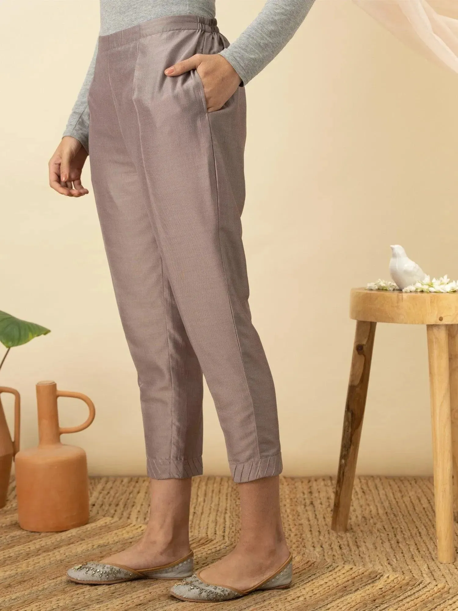 Grey Solid Silk Trousers