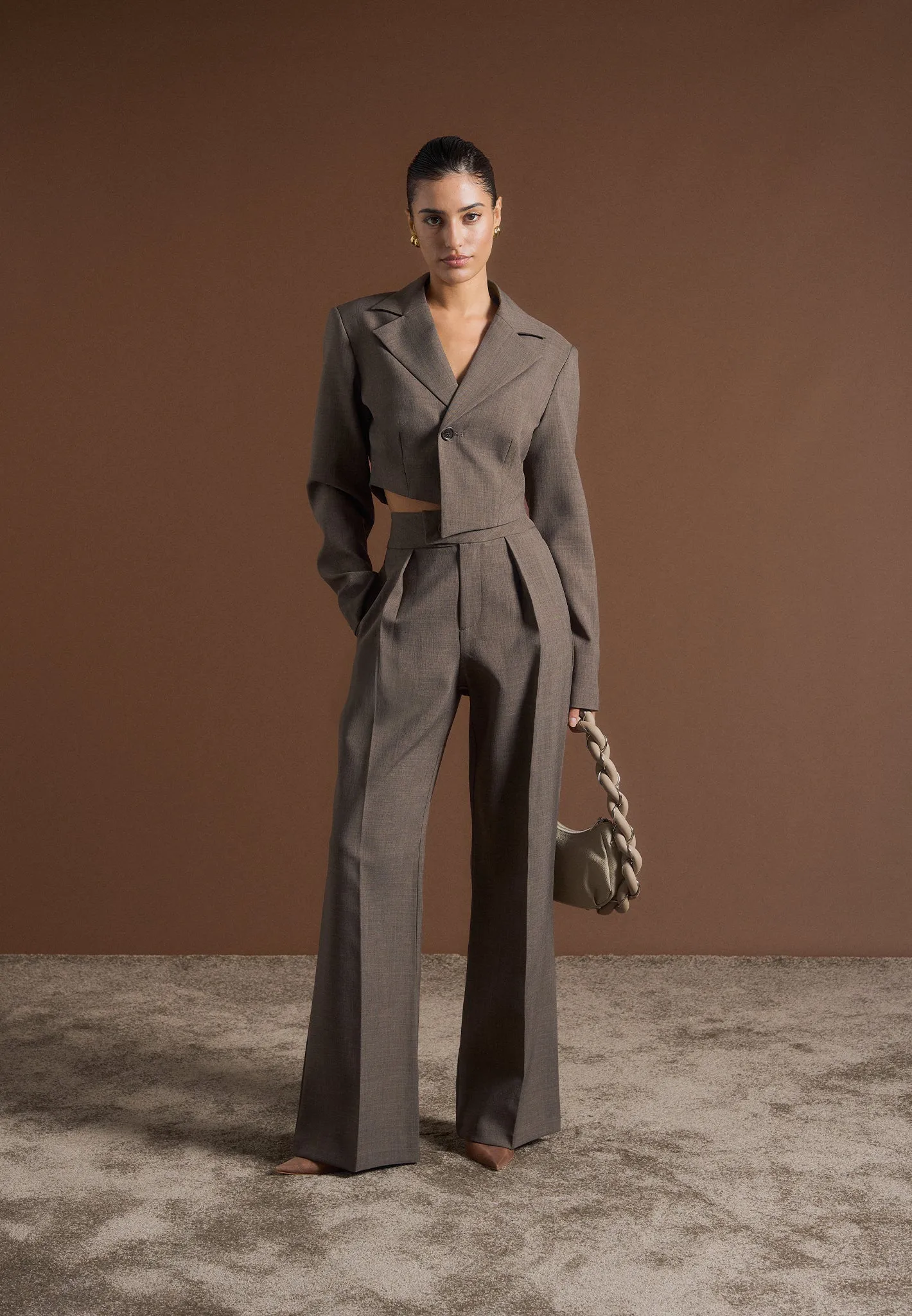 High Waisted Tailored Trousers - Dark Taupe