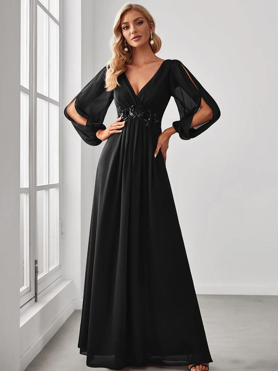 Iris | V-Neck Long Split Sleeve Empire Waist Applique Wedding Dress