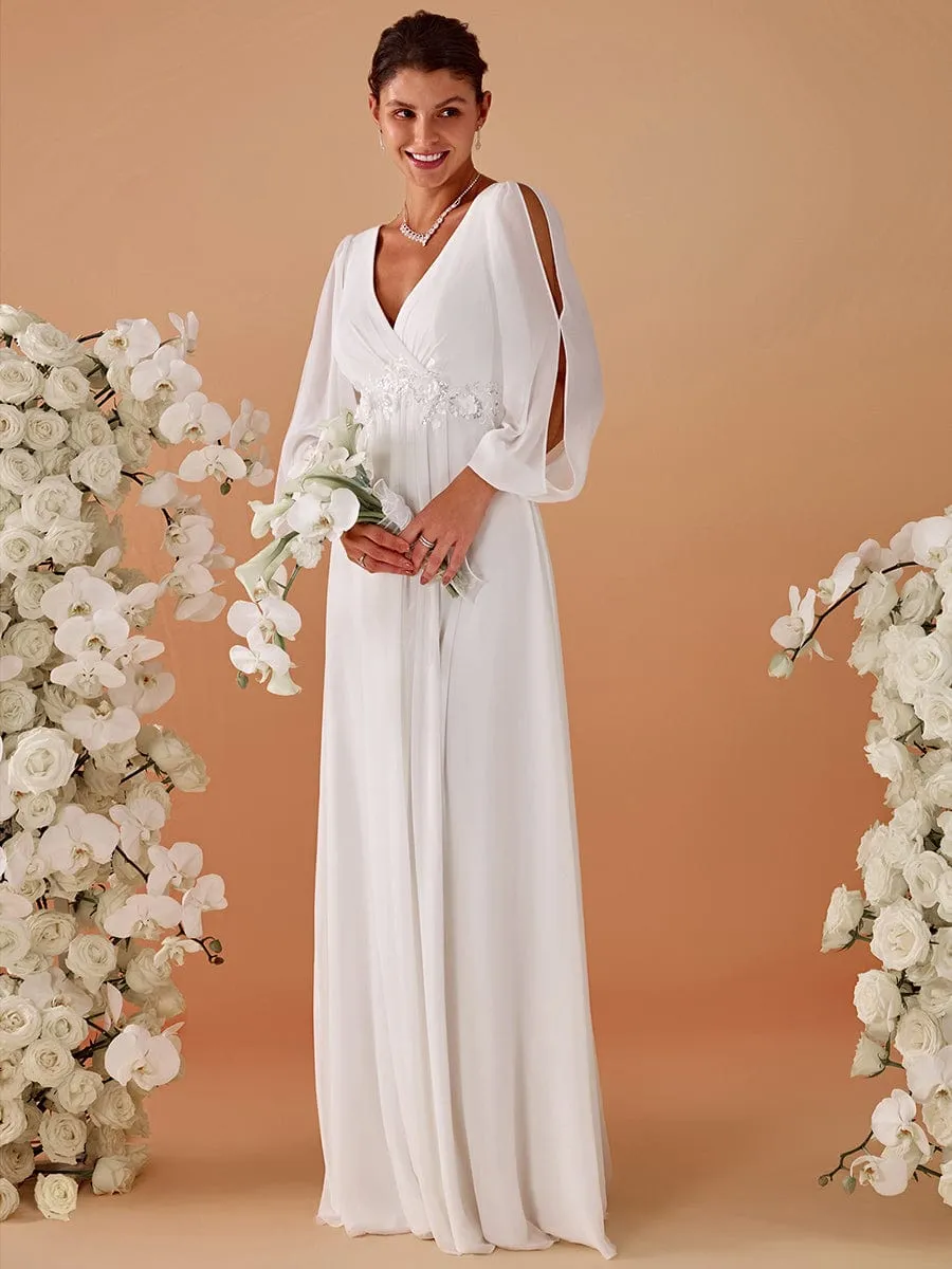 Iris | V-Neck Long Split Sleeve Empire Waist Applique Wedding Dress