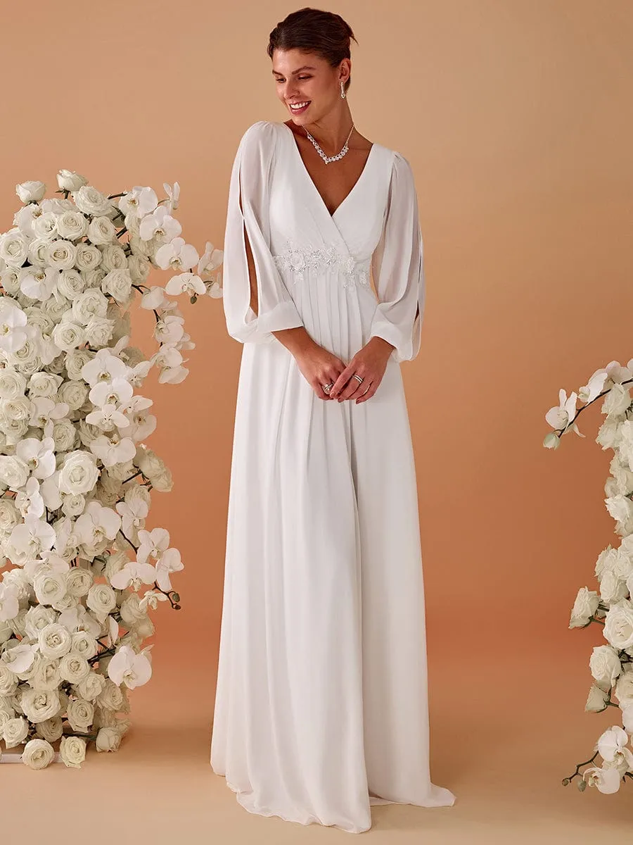 Iris | V-Neck Long Split Sleeve Empire Waist Applique Wedding Dress