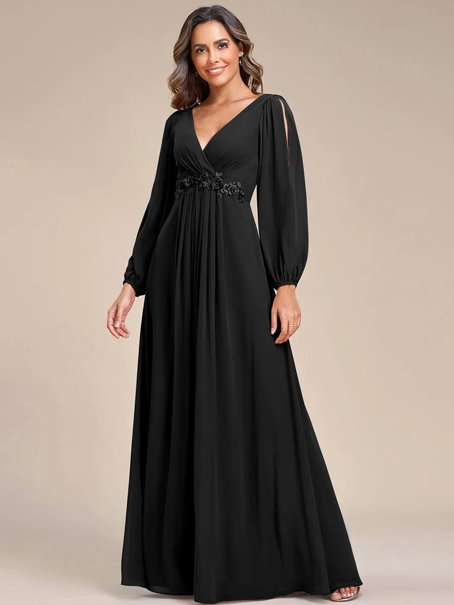 Iris | V-Neck Long Split Sleeve Empire Waist Applique Wedding Dress