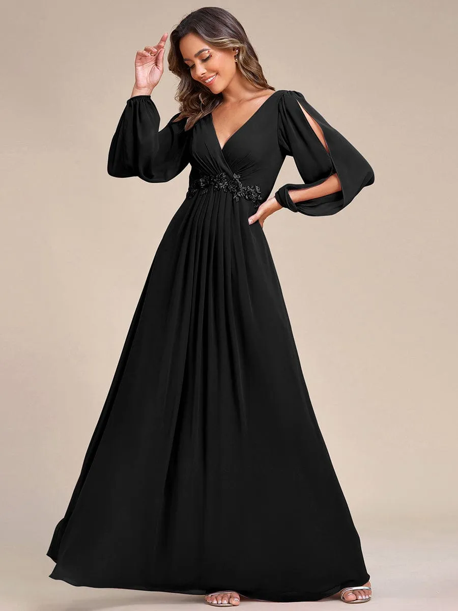 Iris | V-Neck Long Split Sleeve Empire Waist Applique Wedding Dress