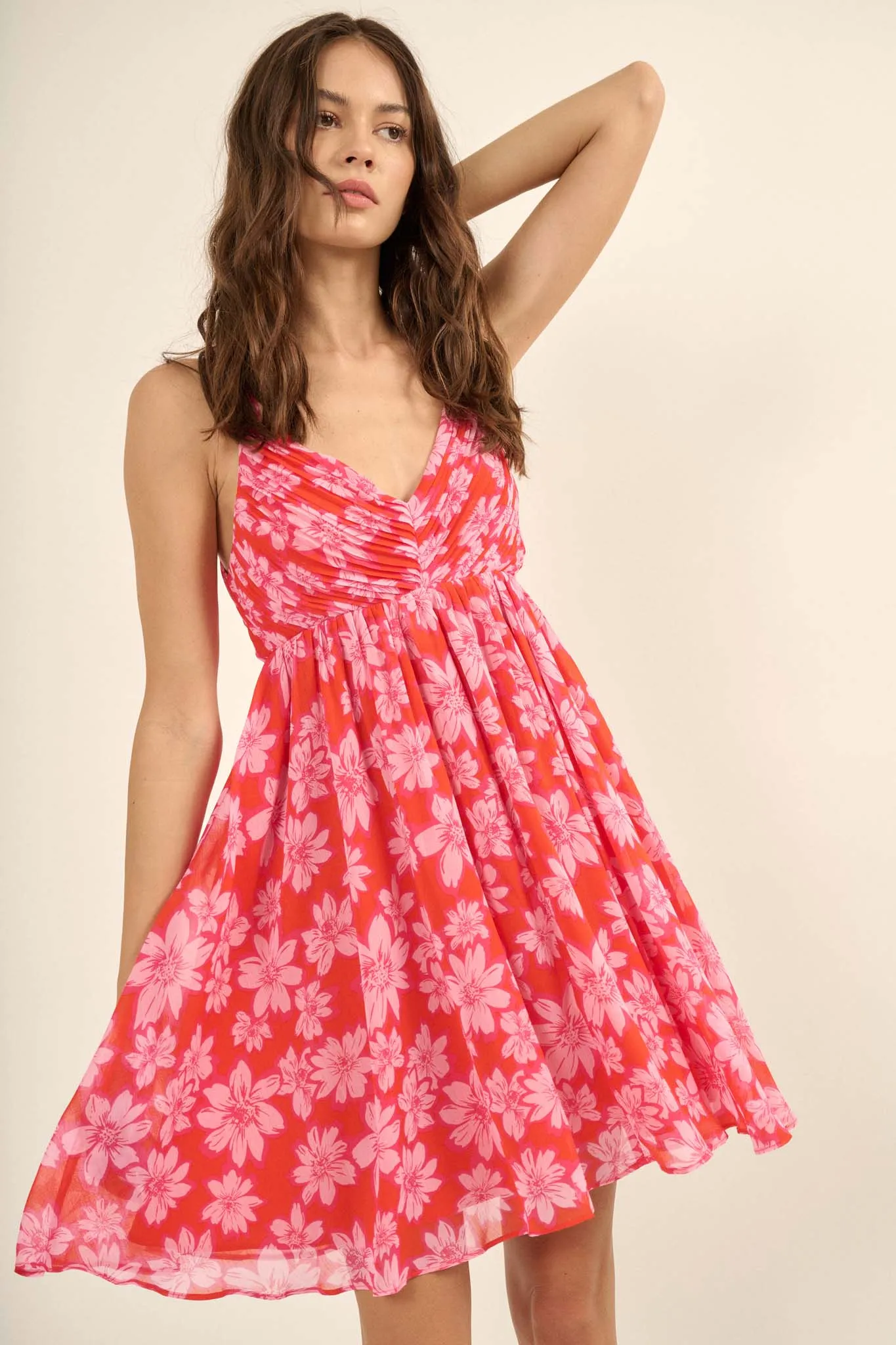 Island Girl Floral Chiffon Lace-Up Back Mini Dress