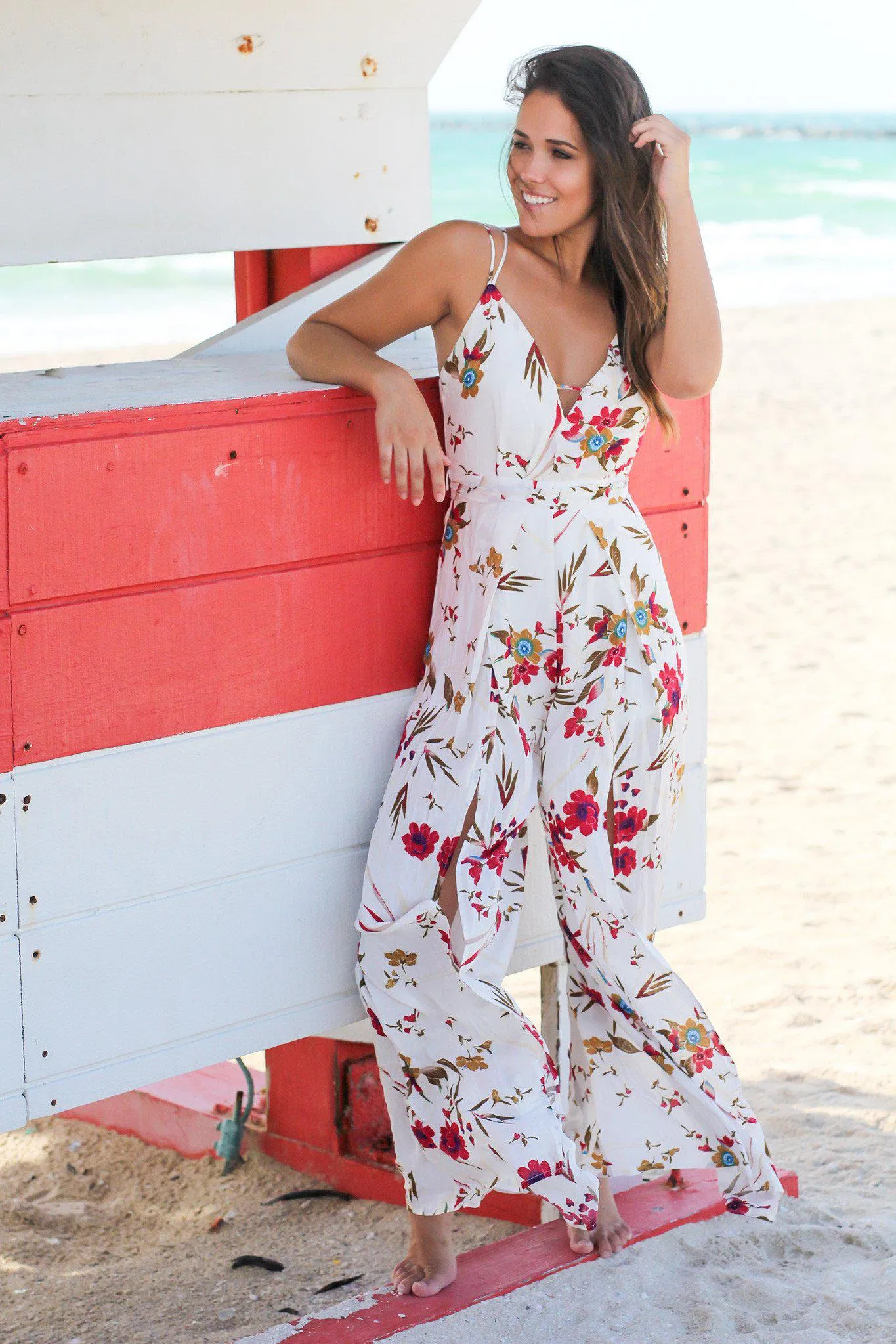 Ivory Floral Jumpsuit with Criss Cross Back