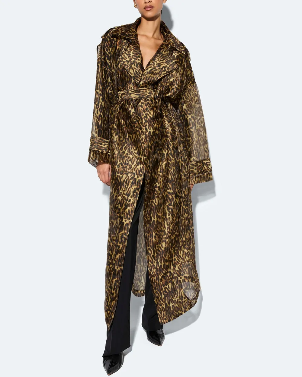 Leopard Organza Double Breasted Trench Coat