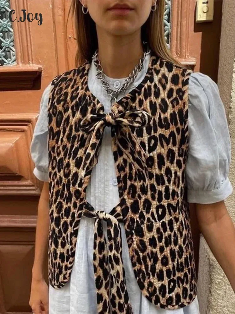 Leopard Print Lace Up Bow Vest Women Vintage Elegant V Neck Sleeveless Y2k Top Summer Lady Split Shirts Blouses Streetwear