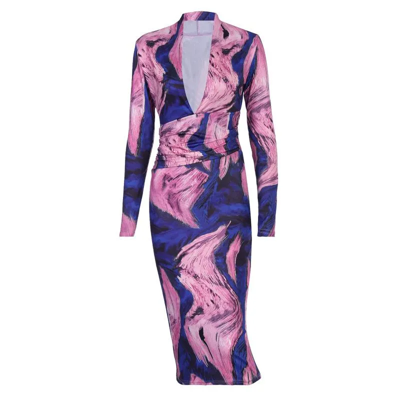 Long Sleeve Tie Tye V-neck Sexy Midi Dress