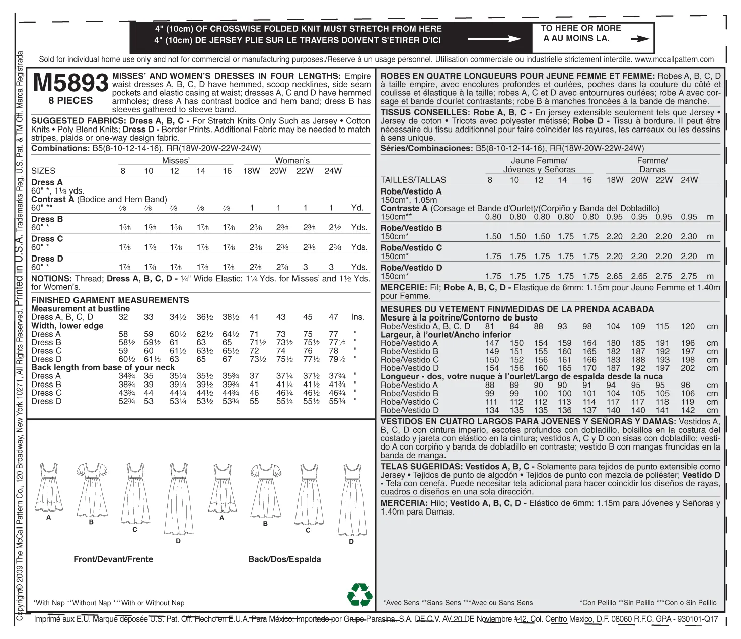 M5893 Misses'/Women's Dresses In 4 Lengths