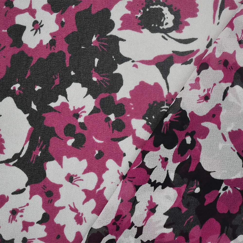 Magenta-Black-White Floral Printed Poly Chiffon Woven Fabric