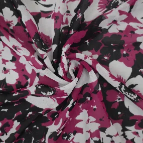 Magenta-Black-White Floral Printed Poly Chiffon Woven Fabric