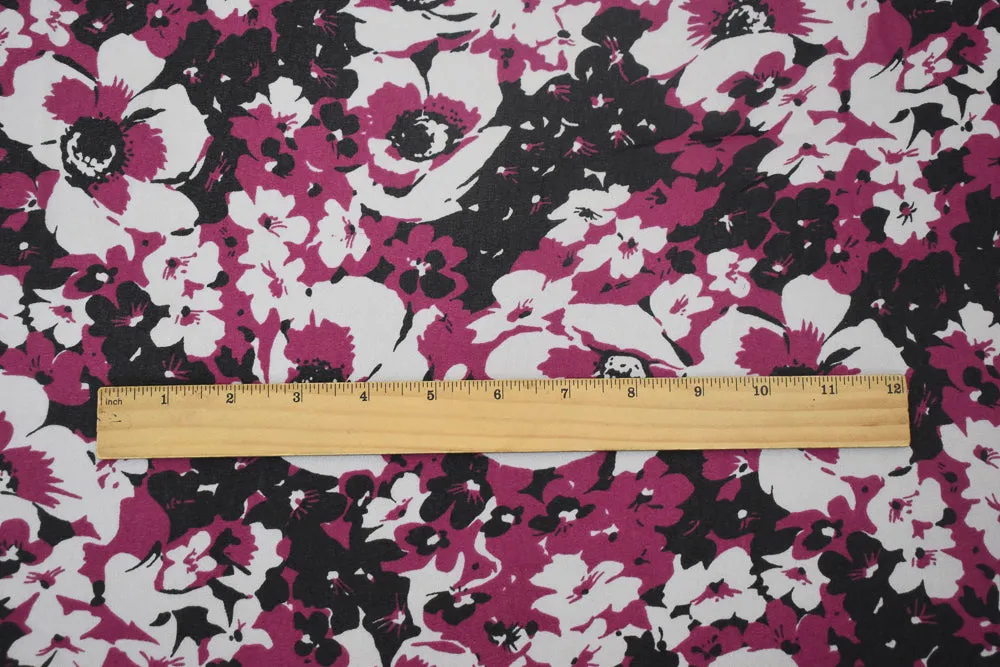 Magenta-Black-White Floral Printed Poly Chiffon Woven Fabric