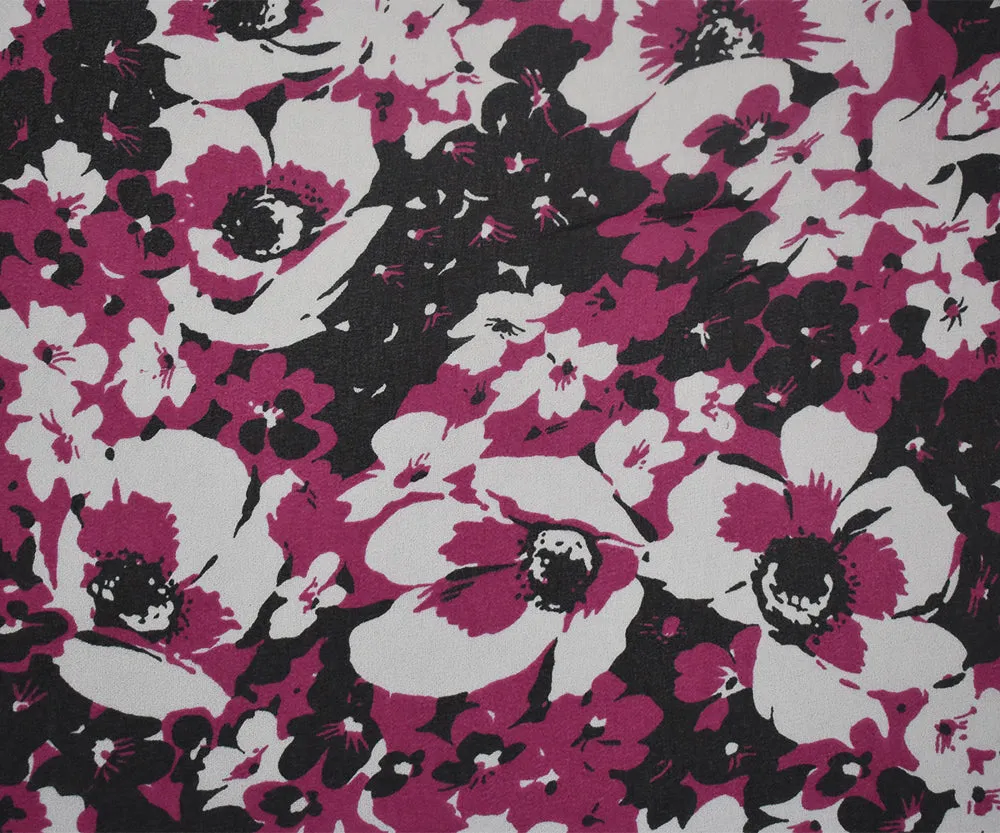 Magenta-Black-White Floral Printed Poly Chiffon Woven Fabric