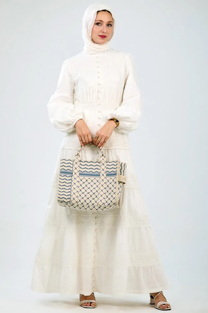 Manisa Long Sleeve Boho Maxi Dress with Delicate Mock Buttons and Lace Detail Skirt in White