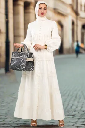 Manisa Long Sleeve Boho Maxi Dress with Delicate Mock Buttons and Lace Detail Skirt in White