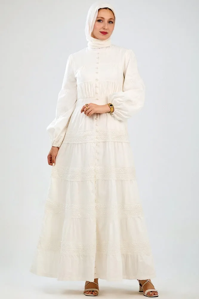 Manisa Long Sleeve Boho Maxi Dress with Delicate Mock Buttons and Lace Detail Skirt in White