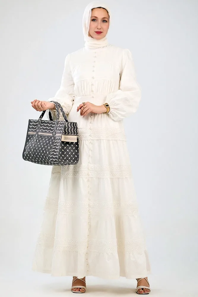 Manisa Long Sleeve Boho Maxi Dress with Delicate Mock Buttons and Lace Detail Skirt in White