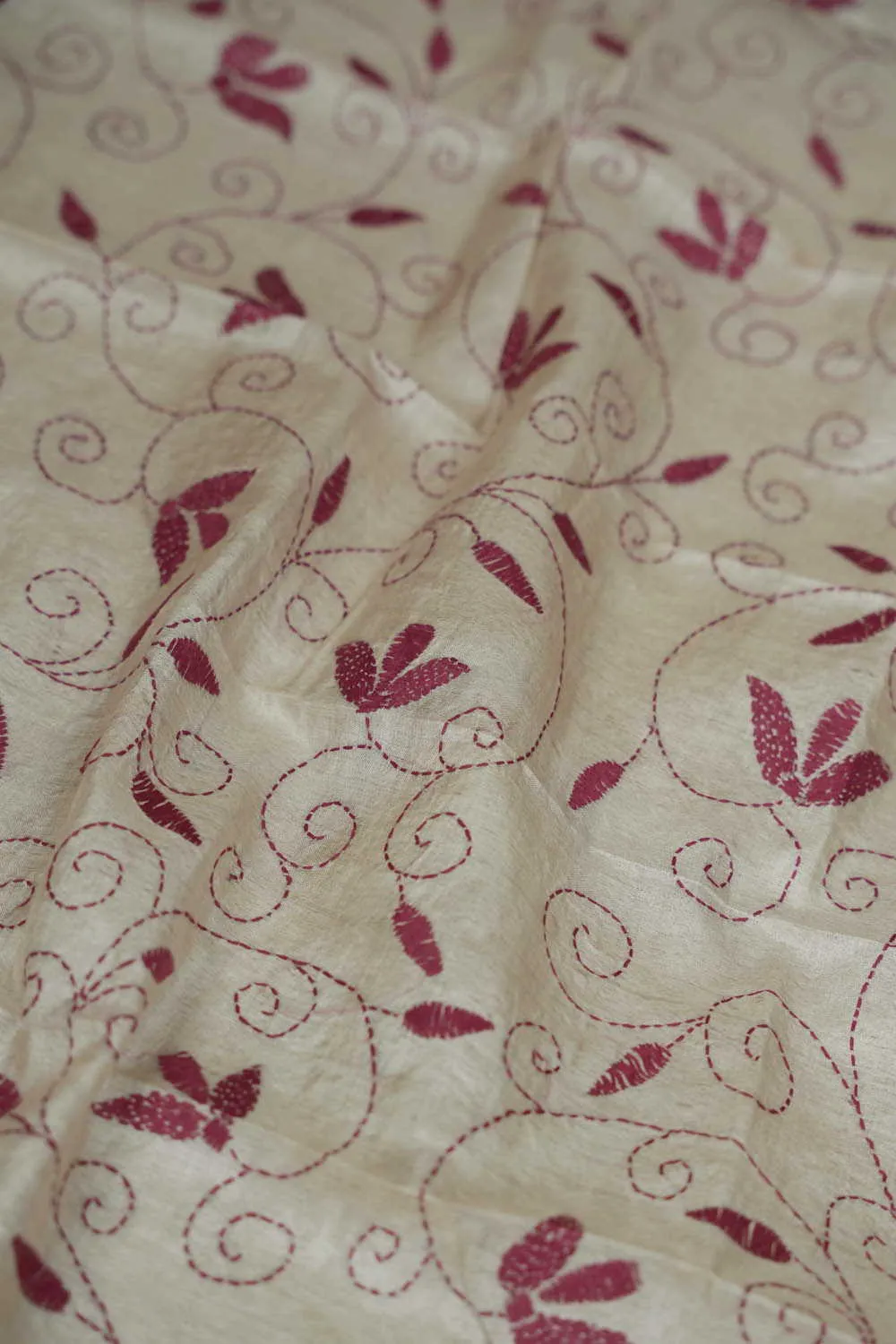 Maroon Floral on Cream Kantha Silk Blouse