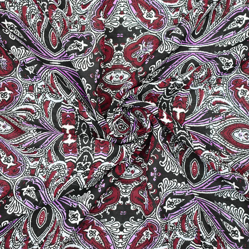 Maroon Red-Purple-Multi Paisley Baroque Printed Poly Chiffon Woven Fabric