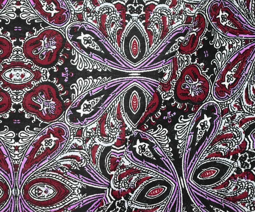 Maroon Red-Purple-Multi Paisley Baroque Printed Poly Chiffon Woven Fabric