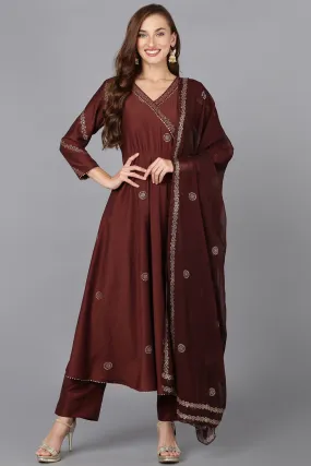 Maroon Silk Blend Anarkali Woven Design Kurta Pant With Dupatta PKSKD1917