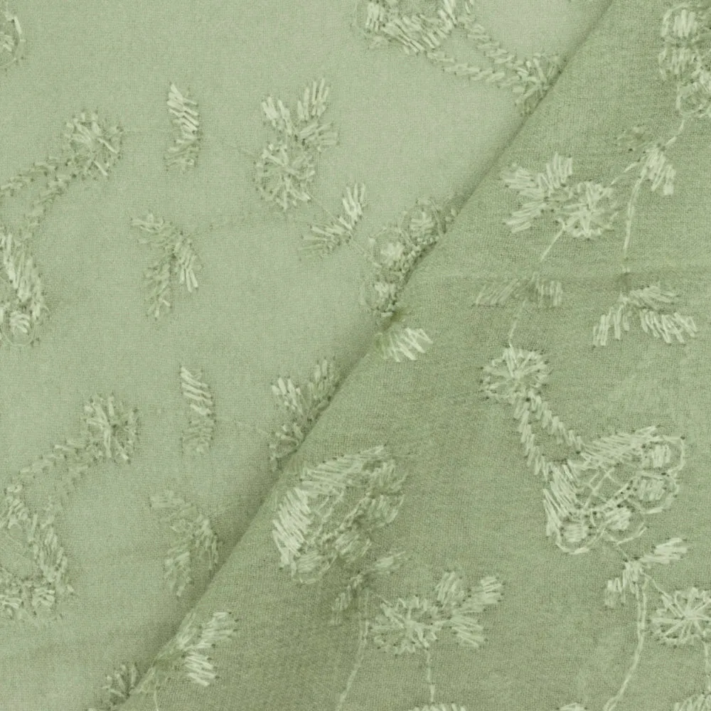 Matcha Green Floral Embroidered Rayon Chiffon Woven Fabric