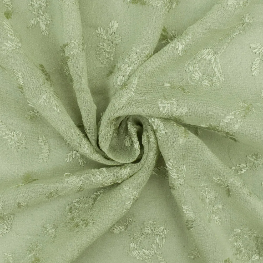 Matcha Green Floral Embroidered Rayon Chiffon Woven Fabric