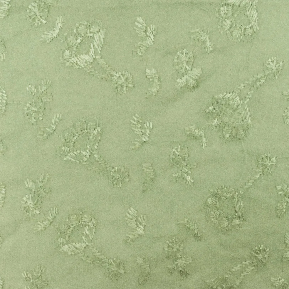 Matcha Green Floral Embroidered Rayon Chiffon Woven Fabric